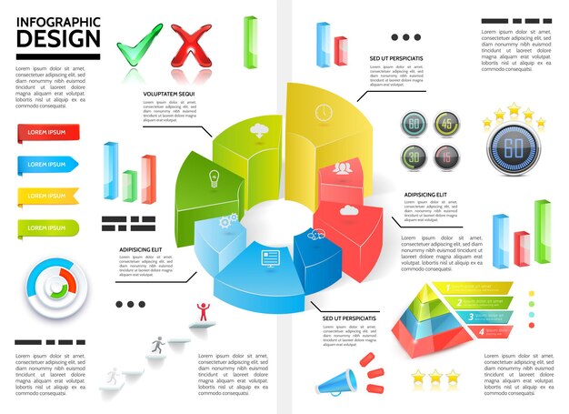 Infografía colorida realista con diagramas circulares gráficos pirámide cintas marcas de verificación barras de megáfono iconos de negocios ilustración