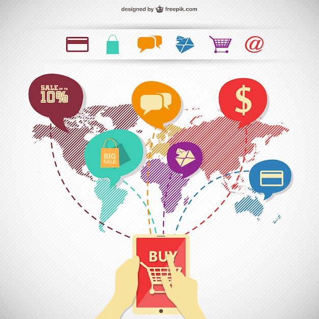 Infografía de compras en línea con mapa del mundo