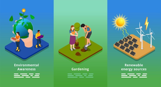 Vector gratuito infografía de conciencia ecológica con personas que plantan árboles y usan fuentes alternativas de ilustración vectorial de energía