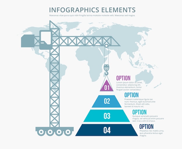 Vector gratuito infografía de construcción de opciones de gráfico piramidal. estructura y mapa del mundo, construcción de grúa torre, ilustración vectorial