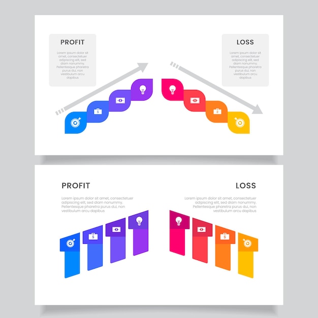 Infografía creativa colorida de pérdidas y ganancias