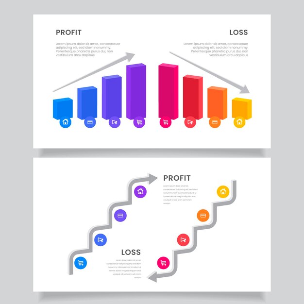 Infografía creativa colorida de pérdidas y ganancias