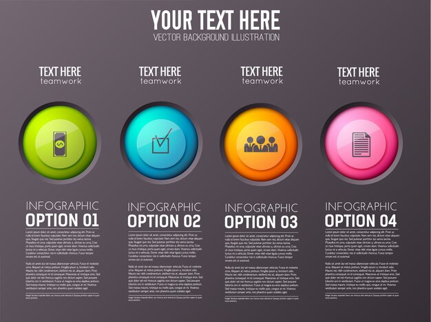 infografía con cuatro opciones de párrafos de texto editable y el icono de círculo apropiado