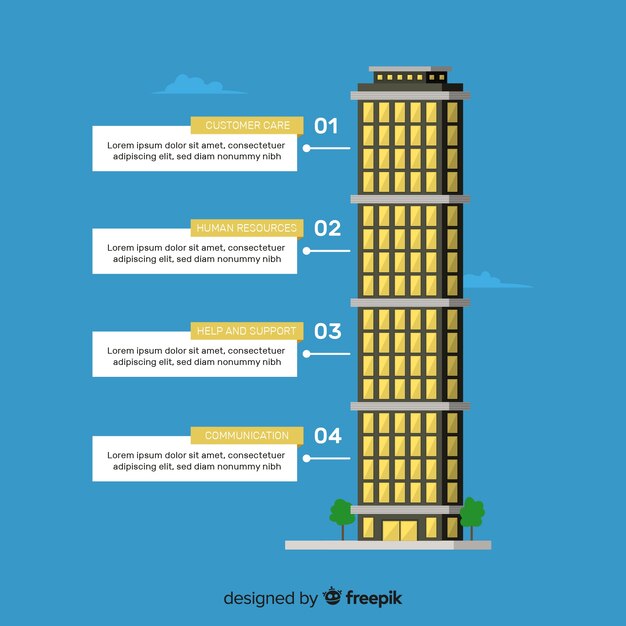 Infografía de edificio de oficinas moderno con diseño plano