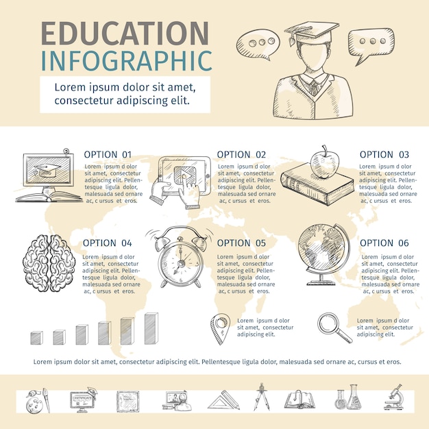 Vector gratuito infografía de educación con símbolos de bosquejo de estudio escolar