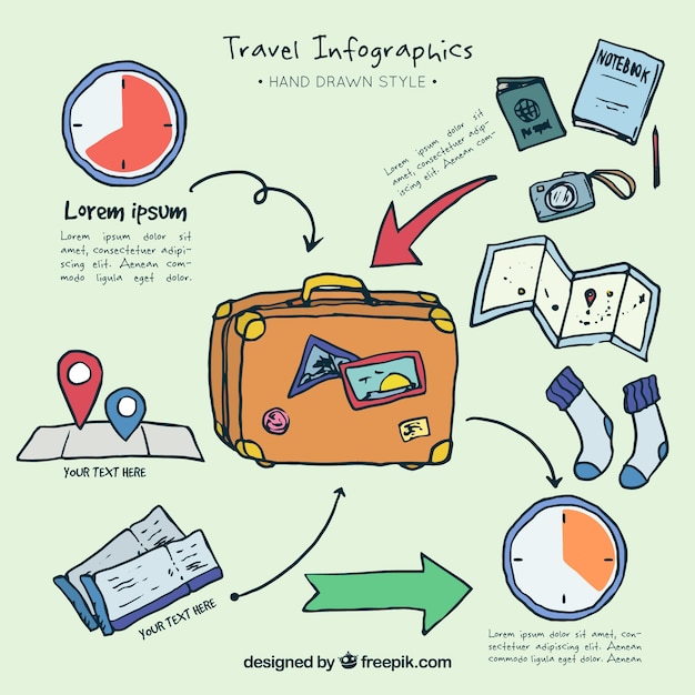 Vector gratuito infografía con elementos de viaje dibujado a mano