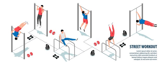 Infografía de entrenamiento callejero con equipo deportivo y hombres haciendo ejercicios en barras 3d ilustración vectorial isométrica