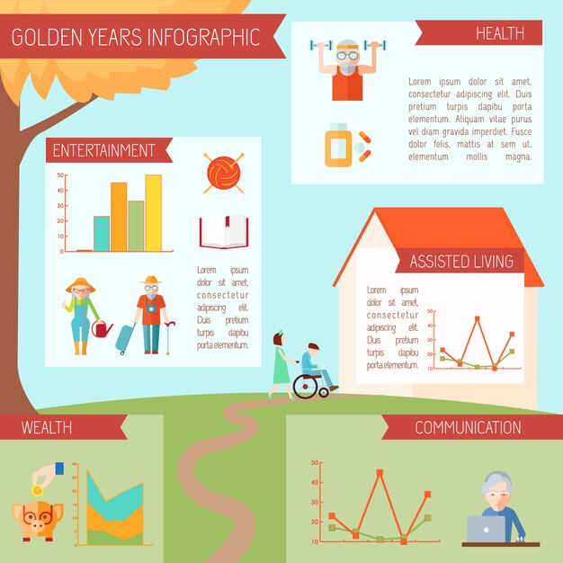 Infografía de estilo de vida para personas mayores con gráficos de estadísticas y estadísticas de salud de personas mayores ilustración vectorial