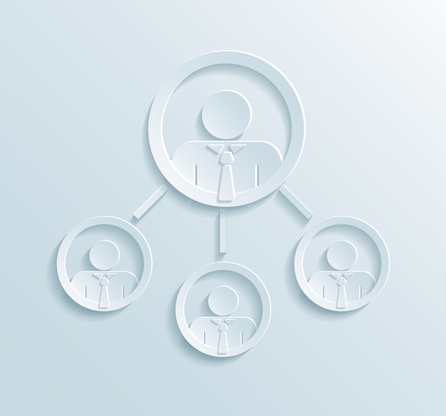 Infografía de estructura de gestión empresarial con gerente o líder de equipo en el círculo superior vinculado a tres empleados o trabajadores de oficina estilo de papel plano