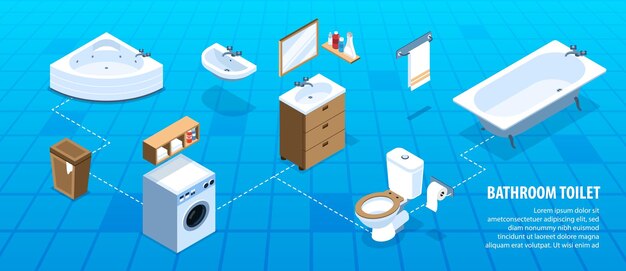 Infografía de fondo azul isométrico interior del inodoro del baño con ilustración de vector 3d de toalla de baño de lavadora de lavabo de jacuzzi