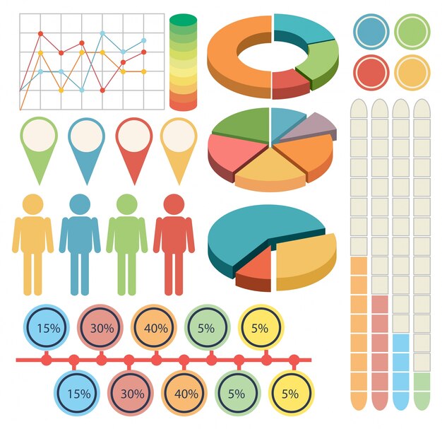 Infografía con la gente y gráficos en cuatro colores