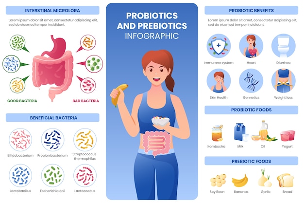 Infografía de gradiente de probióticos y prebióticos.