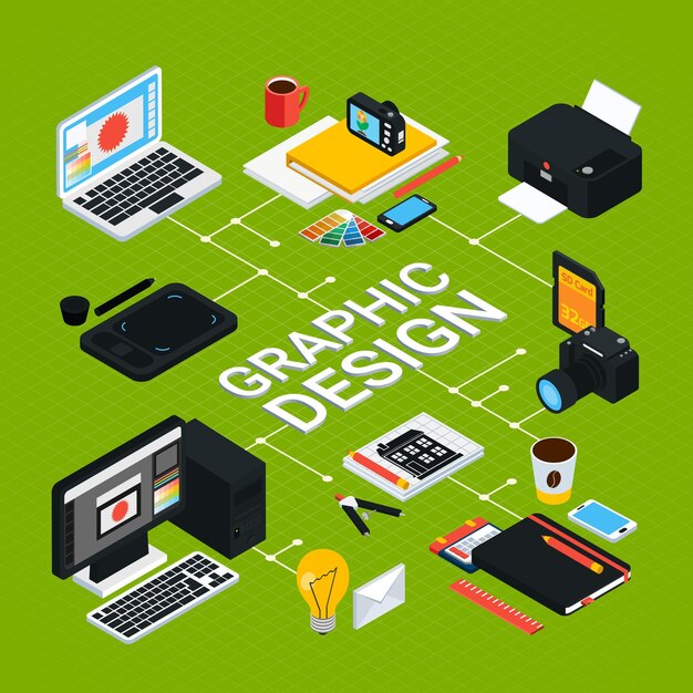 Infografía gráfica isométrica con varios objetos para el trabajo, como muestras de computadora, impresora, tableta, lápiz, 3d