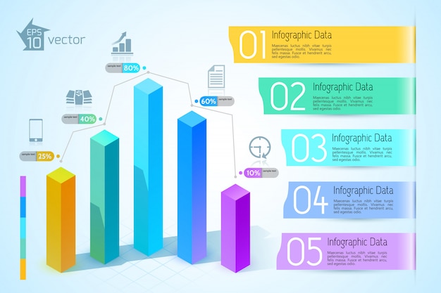 Vector gratuito infografía de gráfico de negocio abstracto con coloridas columnas cuadradas 3d cinco iconos de opciones en la ilustración de luz