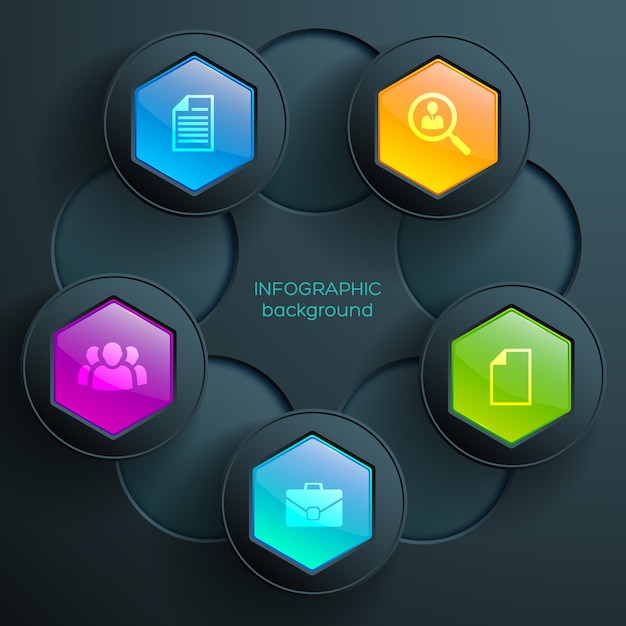 Infografía de gráfico de negocios web con iconos coloridos hexágonos brillantes y botones redondos oscuros