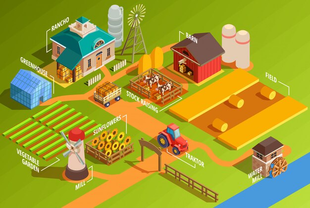 infografía granja isométrica