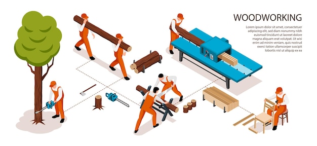 Infografía horizontal de carpintería de aserradero isométrico con texto editable y composición de diagrama de flujo de los trabajadores durante el proceso de trabajo