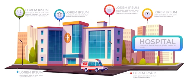Infografía del hospital, edificios de la clínica con ambulancia y elementos infográficos.