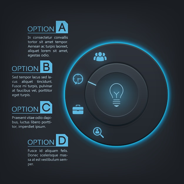 Vector gratuito infografía de interfaz web con botón redondo retroiluminación azul cuatro opciones e iconos