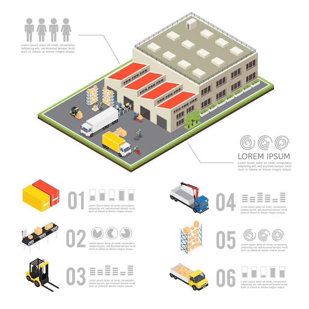 Infografía isométrica de almacén