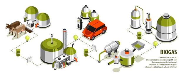 Infografía isométrica de biogás que demuestra tecnologías modernas para convertir subproductos en ilustraciones de vectores de biocombustibles