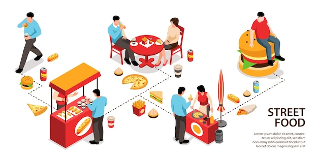 Infografía isométrica de comida callejera con comida aislada.