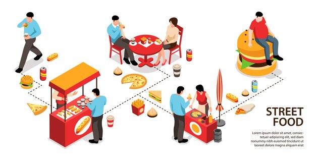 Infografía isométrica de comida callejera con comida aislada.