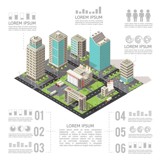 Infografía isométrica de edificios de oficinas