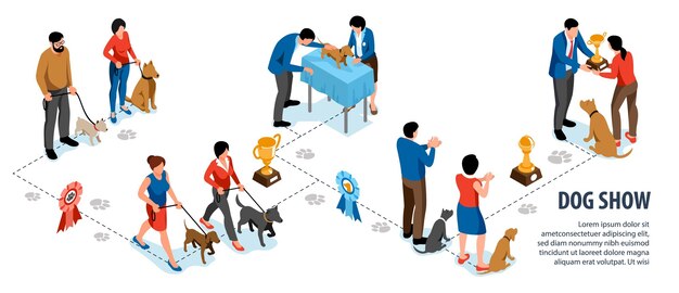Infografía isométrica de espectáculos de perros con texto editable y diagrama de flujo de imágenes con ganadores de escaparate e ilustraciones vectoriales de trofeos