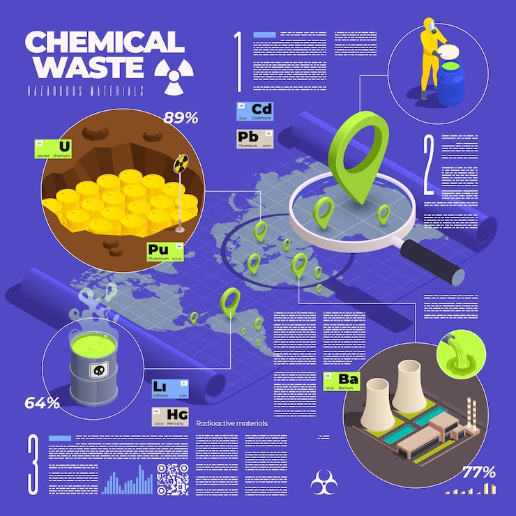 Vector gratuito infografía isométrica de gestión de desechos electrónicos con ubicaciones de desechos nucleares radiactivos en el mapa de la tierra con ilustración vectorial de texto editable