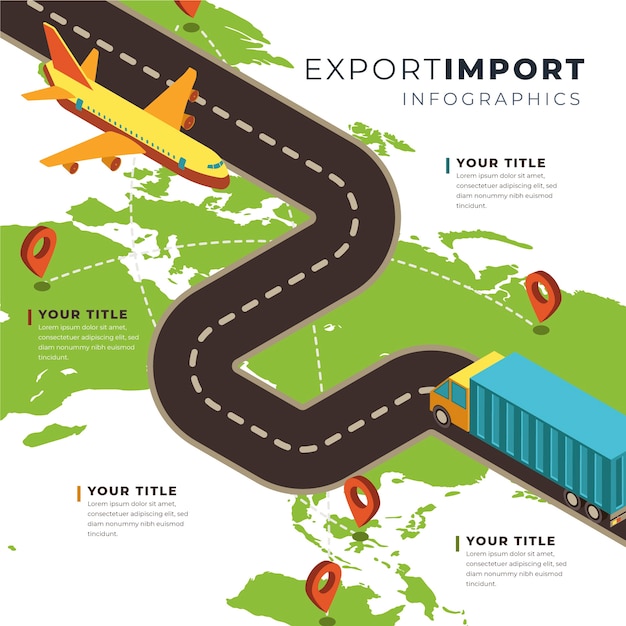 Infografía isométrica de importación y exportación.