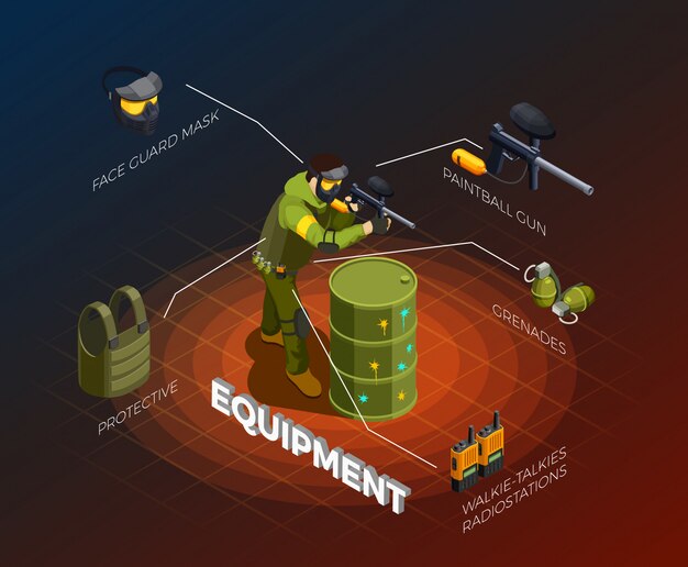Infografía isométrica de jugador de paintball