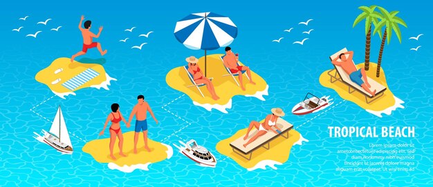 Infografía isométrica de playa tropical con gente relajante, yates y gaviotas en la ilustración de vector de fondo de agua azul