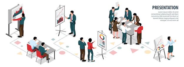 Infografía isométrica de presentación con el personal de la oficina que se comunica en una reunión de negocios o una ilustración de vector de conferencia