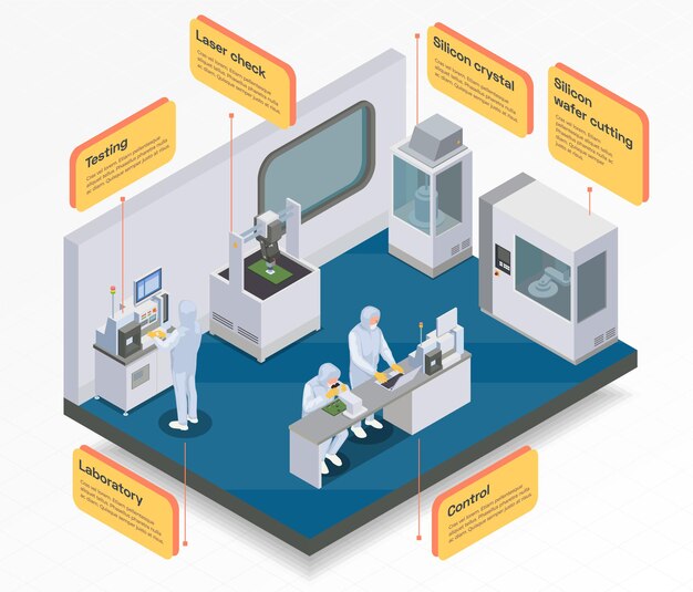 Infografía isométrica de producción de chips semiconductores con composición de departamento interior y bloques conectados con leyendas de texto editables