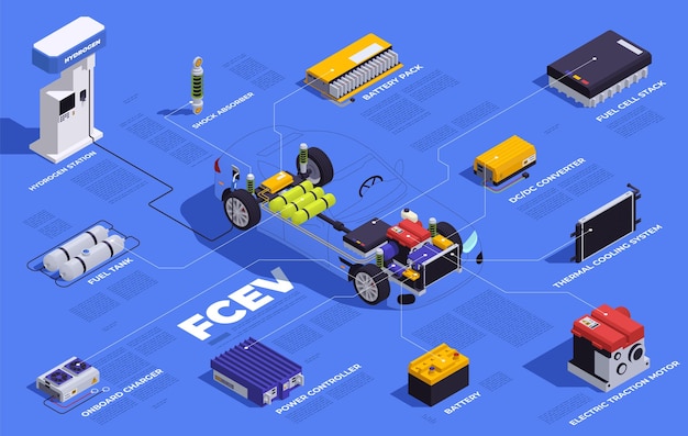 Infografía isométrica del vehículo PHEV con ilustración de vector de piezas de automóviles eléctricos híbridos