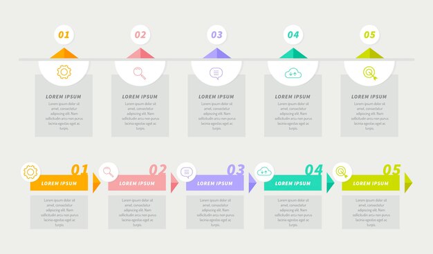 Infografía de línea de tiempo de diseño plano en diferentes colores.