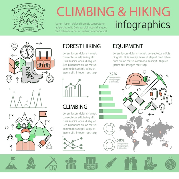 Infografía lineal de escalada y senderismo