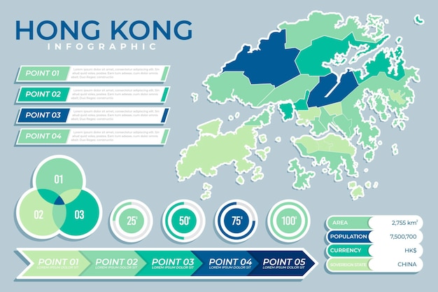 Infografía de mapa de hong kong de estadísticas planas