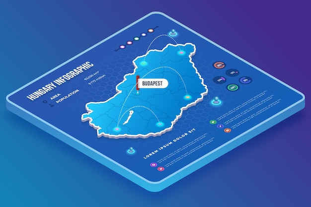 Infografía de mapa de hungría de estilo isométrico