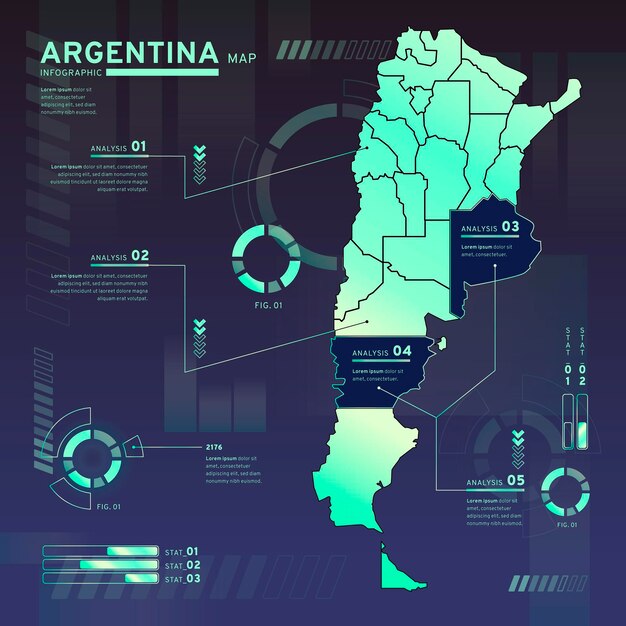 Infografía del mapa de neón de argentina en diseño plano