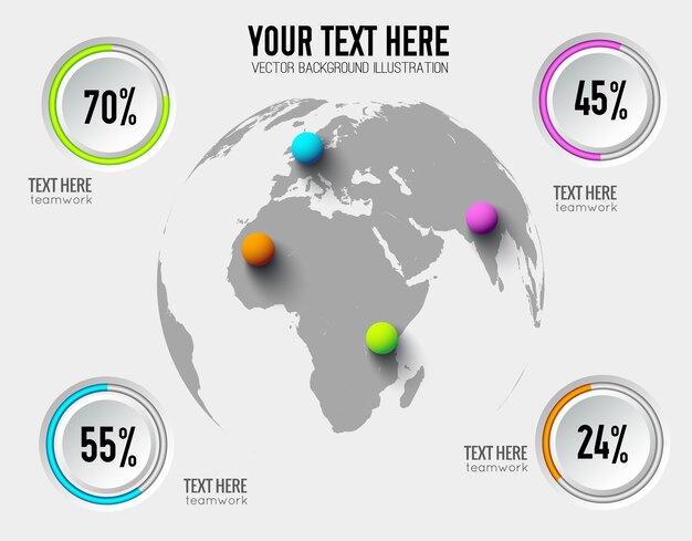 Infografía de negocio abstracto con tasas de porcentaje de botones redondos y bolas de colores en el mapa del mundo