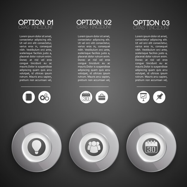 Infografía de negocios con botones redondos de vidrio gris tres opciones e iconos