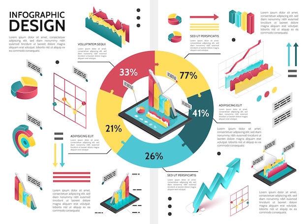 Infografía de negocios colorido isométrico con diagrama de ciclo, gráfico circular, gráficos, flechas, ilustración de datos