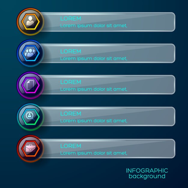 Infografía de negocios con coloridos botones hexagonales brillantes horizontales de vidrio