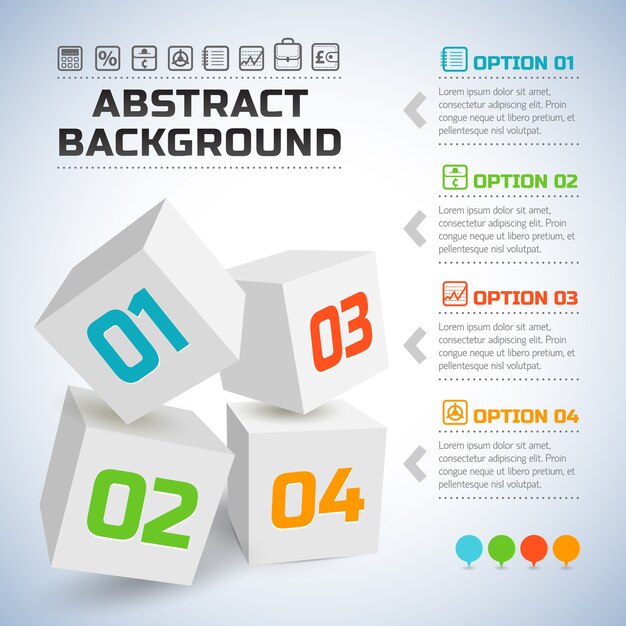 Infografía de negocios con cubos 3d blancos y números coloridos
