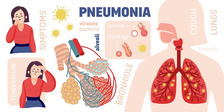 Vector gratuito infografía de neumonía humana con leyendas de texto de personajes femeninos de estilo de dibujos animados e íconos de bacterias con ilustraciones de vectores de pulmones