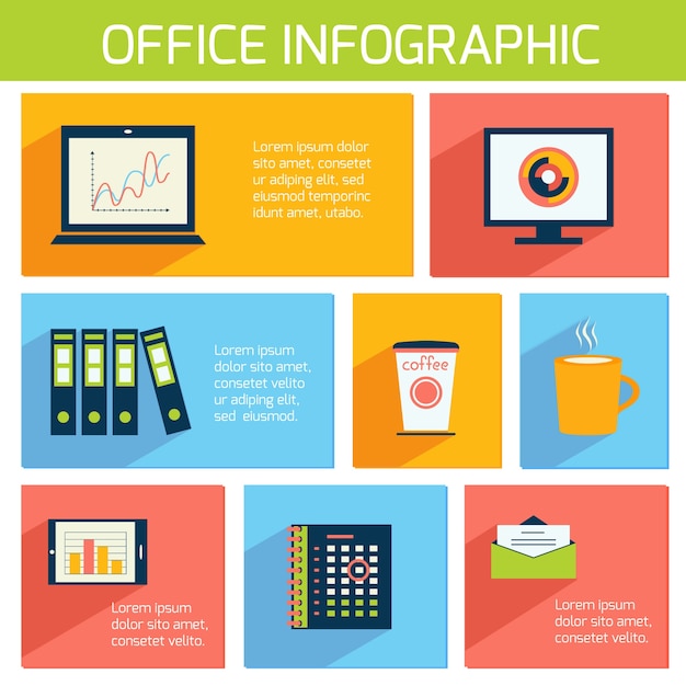 Infografía oficina plana plantilla de negocios con papelería suministros ilustración vectorial