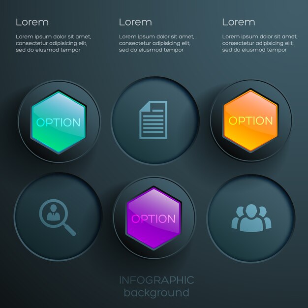 Infografía de opciones web abstracto con iconos coloridos hexágonos brillantes y botones redondos oscuros