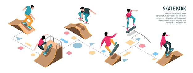 Infografía del parque de patinaje que representa diferentes elementos constructivos del patio de recreo para la ilustración vectorial isométrica de la actividad deportiva extrema